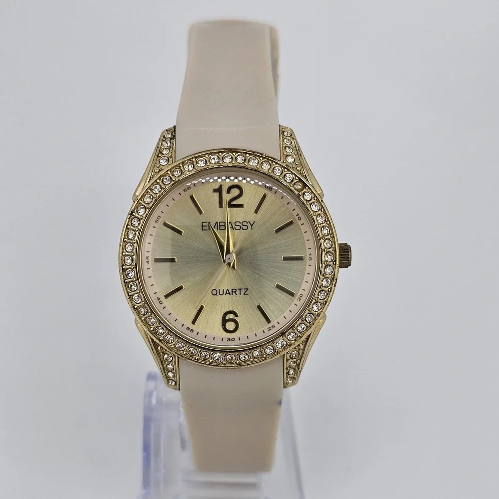 Embassy Women's Watch 34MM Gold Dial Cream Plastic Bands New Battery‎